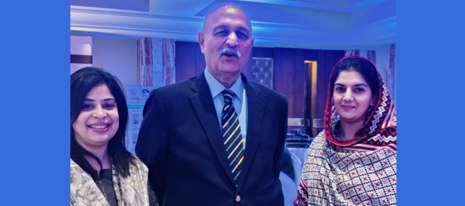 Representing Department of Humanities, Ms. Tooba Aslam Khan and Ms. Shafia Jamil with Honorable Senator Mushahid Hussain Syed at Margalla Dialogue 2024 Changing International Politics and Great Power Competition.