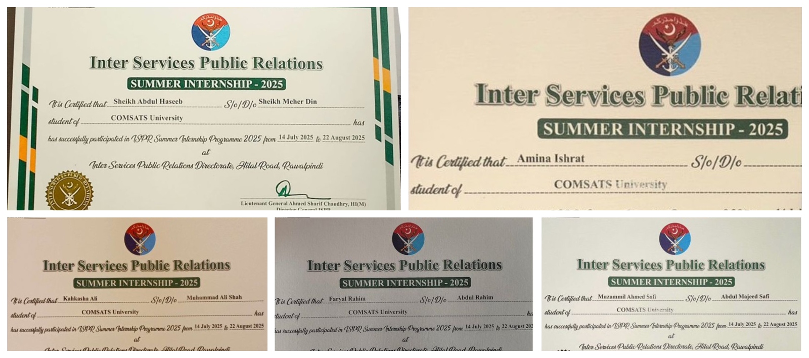 Students of BS International Relations successfully completed their Summer Internship with Inter-Services Public Relations (ISPR) gaining valuable professional exposure and practical insights into institutional functioning. Certificates were awarded in recognition of their dedication and performance